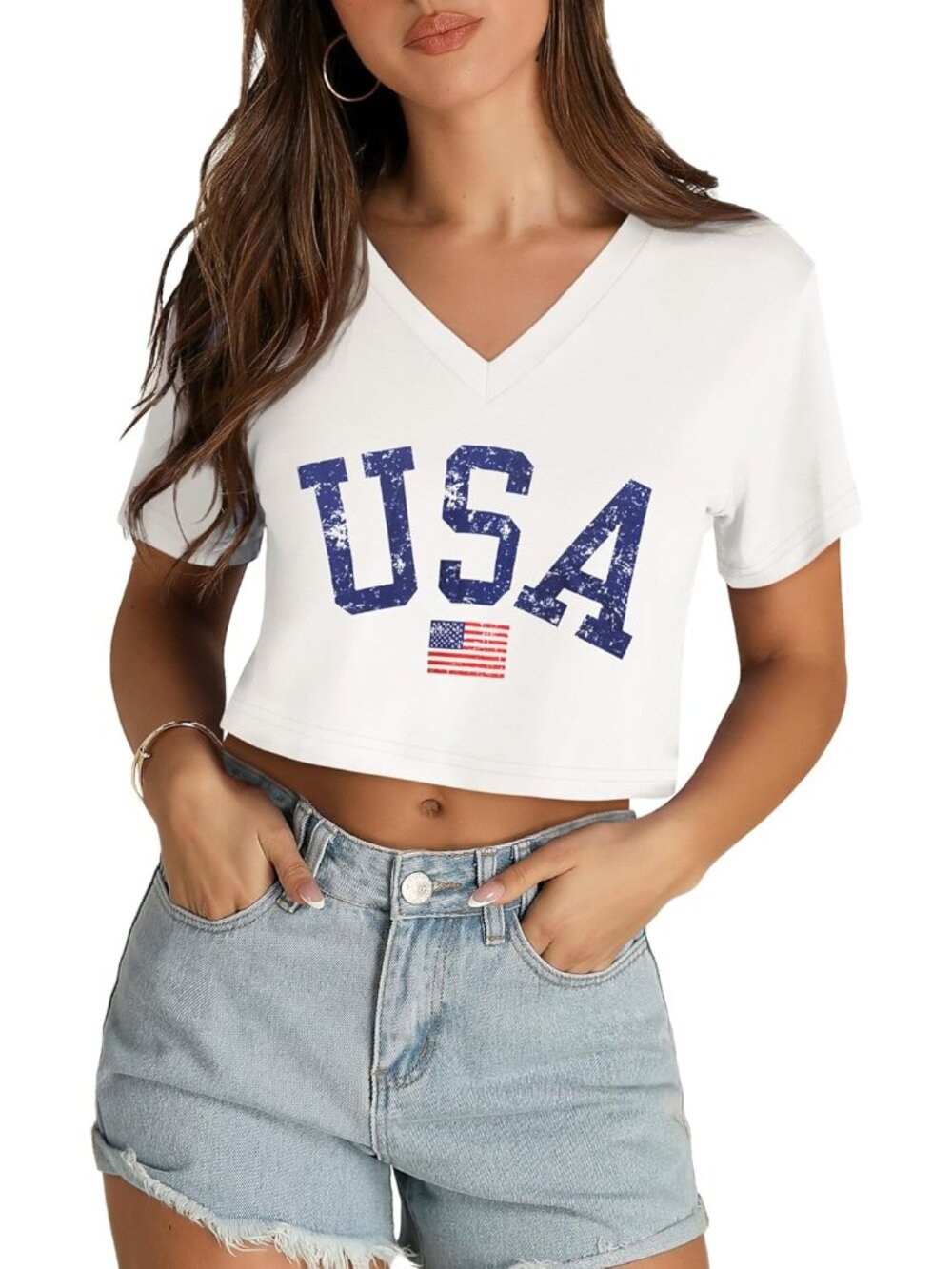 Women's White Blue Short Sleeve Basic V Neck Crop Tops Imported Casual T Shirts